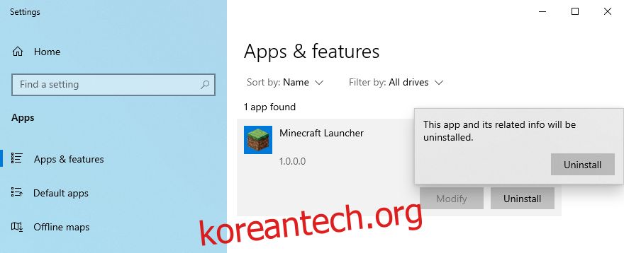 Windows 10은 Minecraft Launcher를 제거하는 방법을 보여줍니다.