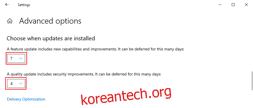 Windows 10은 업데이트 설치 시기를 선택하는 방법을 보여줍니다.