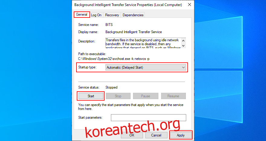 Windows 10은 Background Intelligent Transfer Service 시작 유형을 변경하는 방법을 보여줍니다.