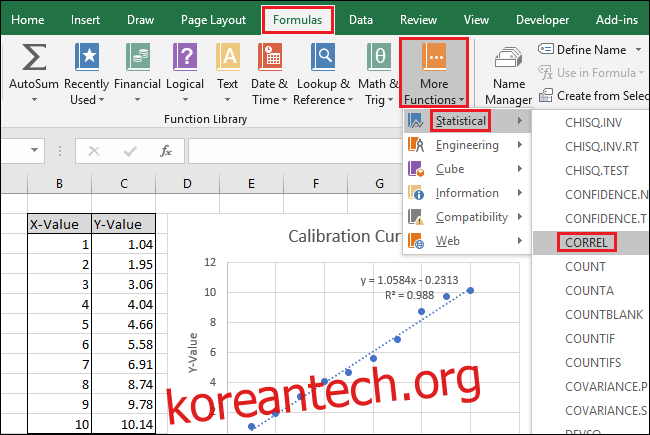 수식 > 추가 기능 > 통계 > CORREL” width=”650″ height=”435″ onload=”pagespeed.lazyLoadImages.loadIfVisibleAndMaybeBeacon(this);”으로 이동합니다.  onerror=”this.onerror=null;pagespeed.lazyLoadImages.loadIfVisibleAndMaybeBeacon(this);”></p>
<p>함수 인수 창이 팝업됩니다.  “Array1” 필드에 대해 두 셀 범위 중 하나를 선택하거나 입력합니다.  SLOPE 및 INTERCEPT와 달리 순서는 CORREL 함수의 결과에 영향을 미치지 않습니다.</p>
<div style=