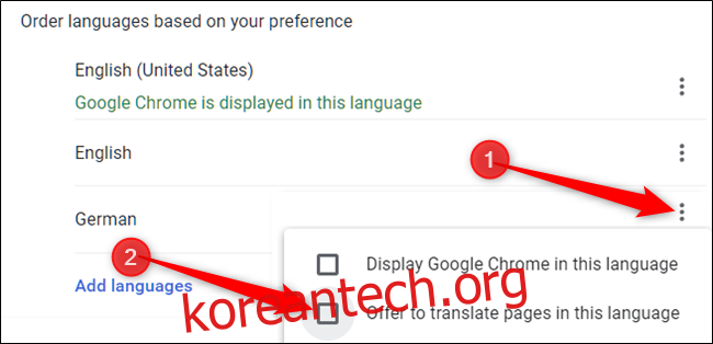 언어 옆에 있는 세 개의 점을 클릭하여 Chrome에서 언어로 수행할 작업을 수동으로 선택한 다음 선택/선택 취소합니다. 