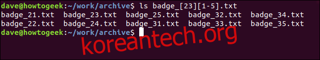 문자 집합에 범위를 포함할 수도 있습니다.  다음 명령은 파일 이름에 21~25 및 31~35의 숫자가 있는 파일을 선택합니다. 