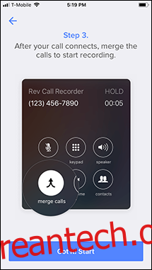Rev 앱에서 발신 전화를 녹음하기 위한 튜토리얼의 3단계.  탭 