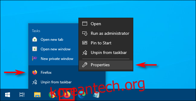 Windows 10에서 작업 표시줄 아이콘을 마우스 오른쪽 버튼으로 클릭한 다음 바로 가기를 마우스 오른쪽 버튼으로 클릭하고 