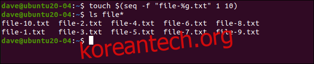 동일한 기본 이름과 다른 번호(file-1.txt, file-2.txt 등)를 가진 10개의 파일 세트를 생성합니다.  다음을 입력합니다. 