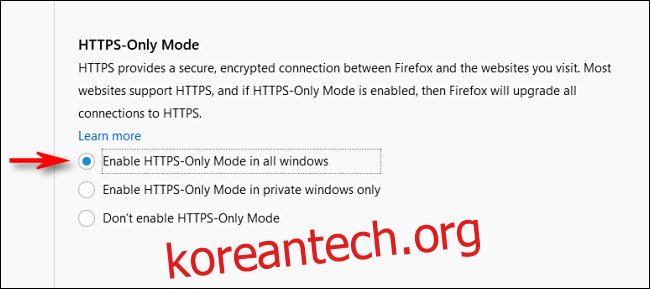 Firefox 개인 정보 보호 옵션에서 