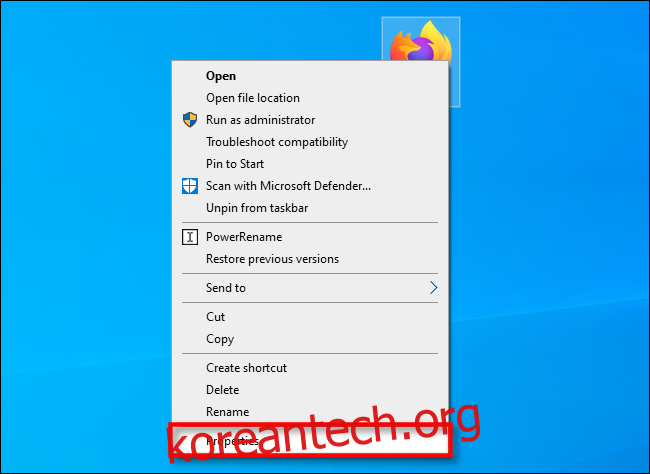 Windows 10에서 바탕 화면 바로 가기를 마우스 오른쪽 버튼으로 클릭하고 